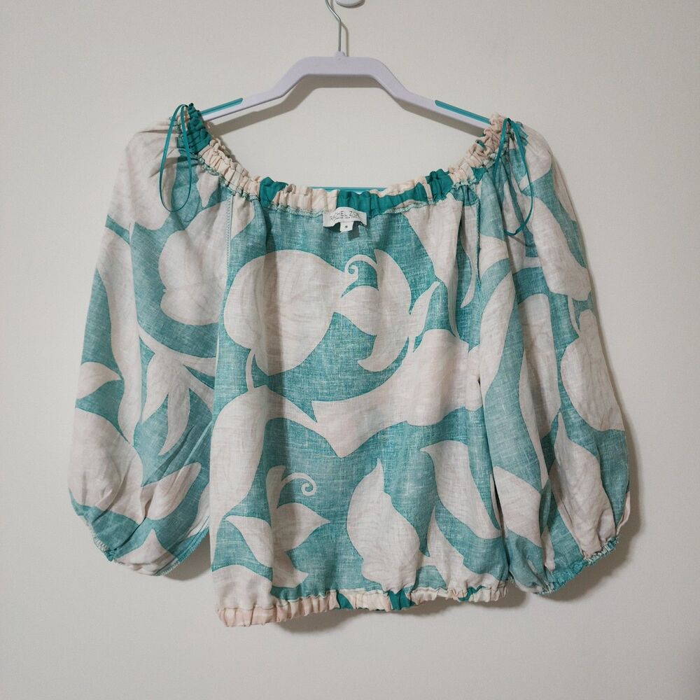 Rachel Zoe Womens Linen Blend Off-the-Shoulder Cropped Blouse Green Beige Size S - Picture 5 of 11